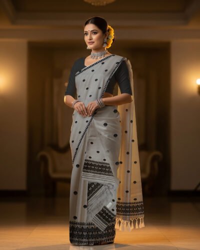 Nunee Cotton Sador Mekhela with unstitched Blouse piece (Handmade)