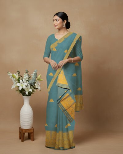 Handcrafted Kesapat Cotton Sador Mekhela (Self Border) with unstitched Blouse piece